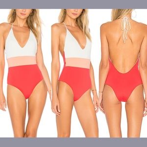 NWT Tavik [ Small ] Chase Deep-V Colorblock One Piece‎ Swimsuit in Hibiscus